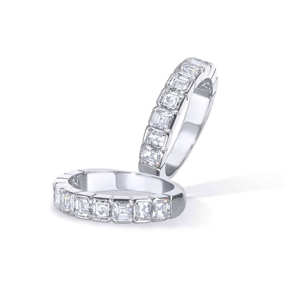 Box set assher cut diamond half eternity ring