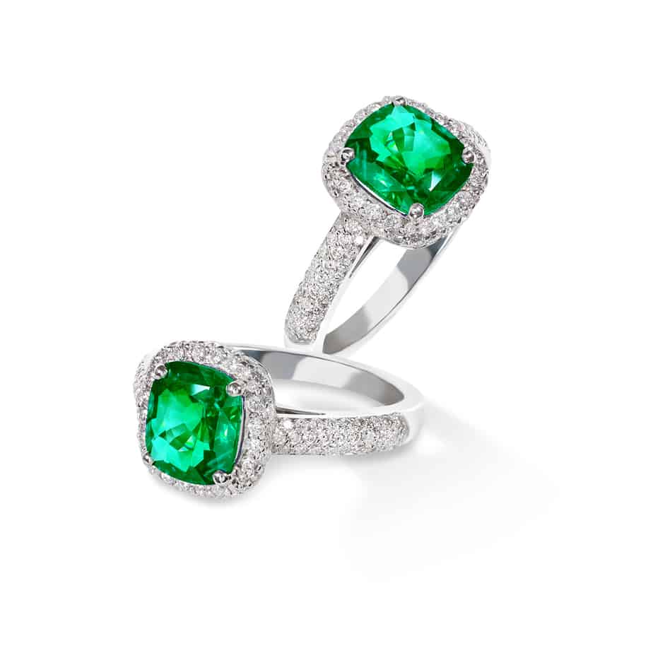 Cushion cut emerald and pave diamond cluster ring