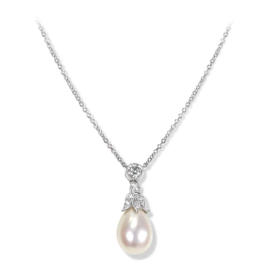 Trefoil pearl and diamond drop pendant
