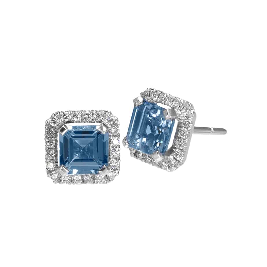 Octagon aquamarine and diamond cluster earrings