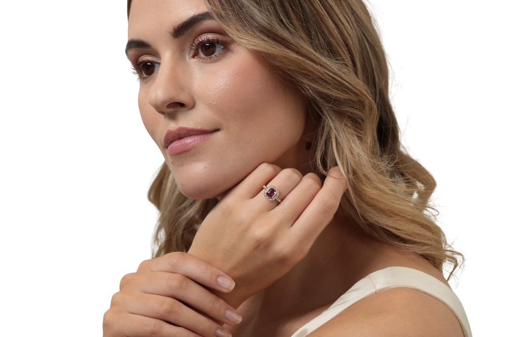 Radiant cut ruby and diamond cluster ring