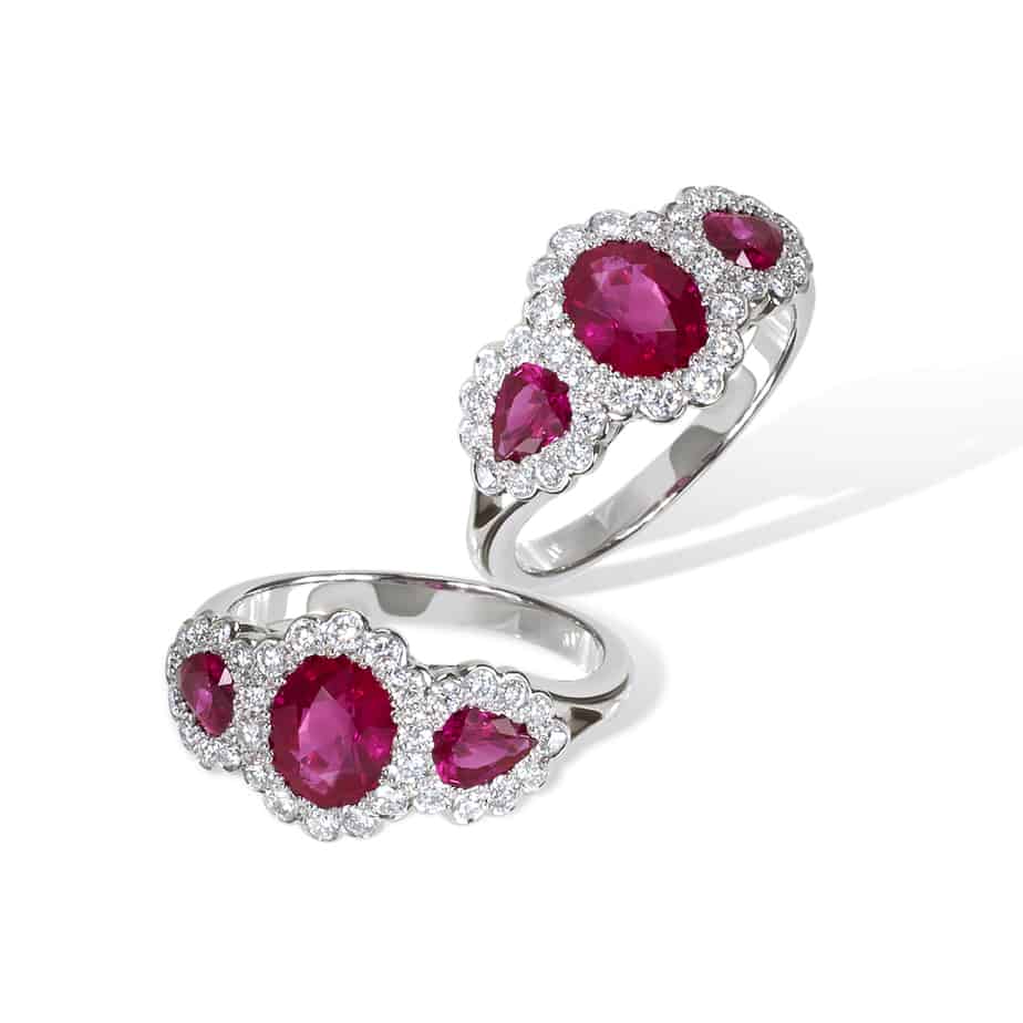 Ruby and diamond oval and drop triple cluster ring