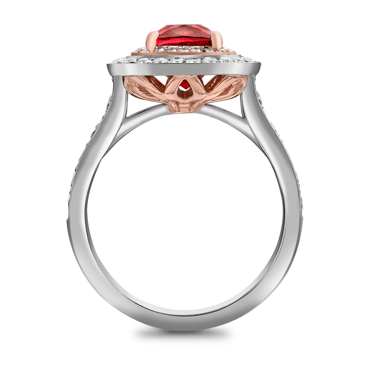 Cushion cut Spinel and diamond double halo in platinum and rose gold
