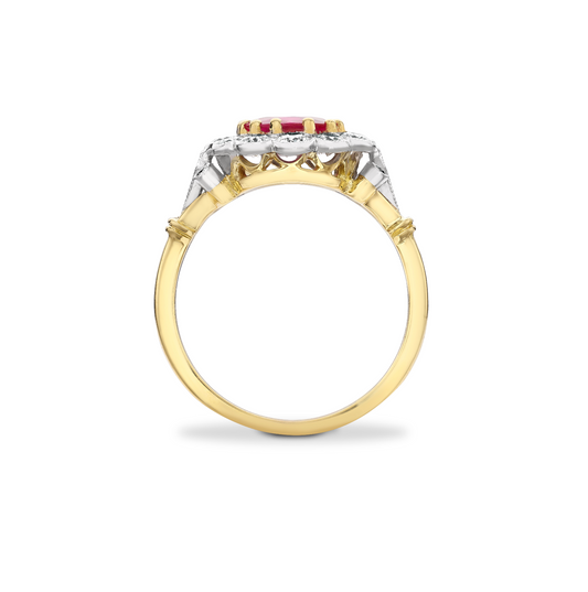 Cushion Ruby and diamond cluster ring