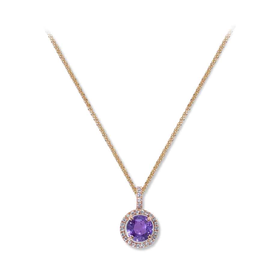 Purple sapphire and microset diamond pendant
