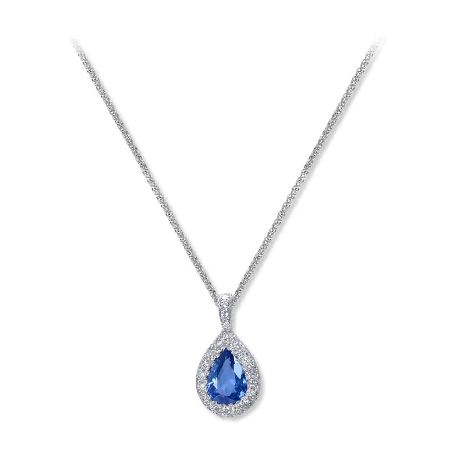 Pear shape sapphire and pave diamond pendant