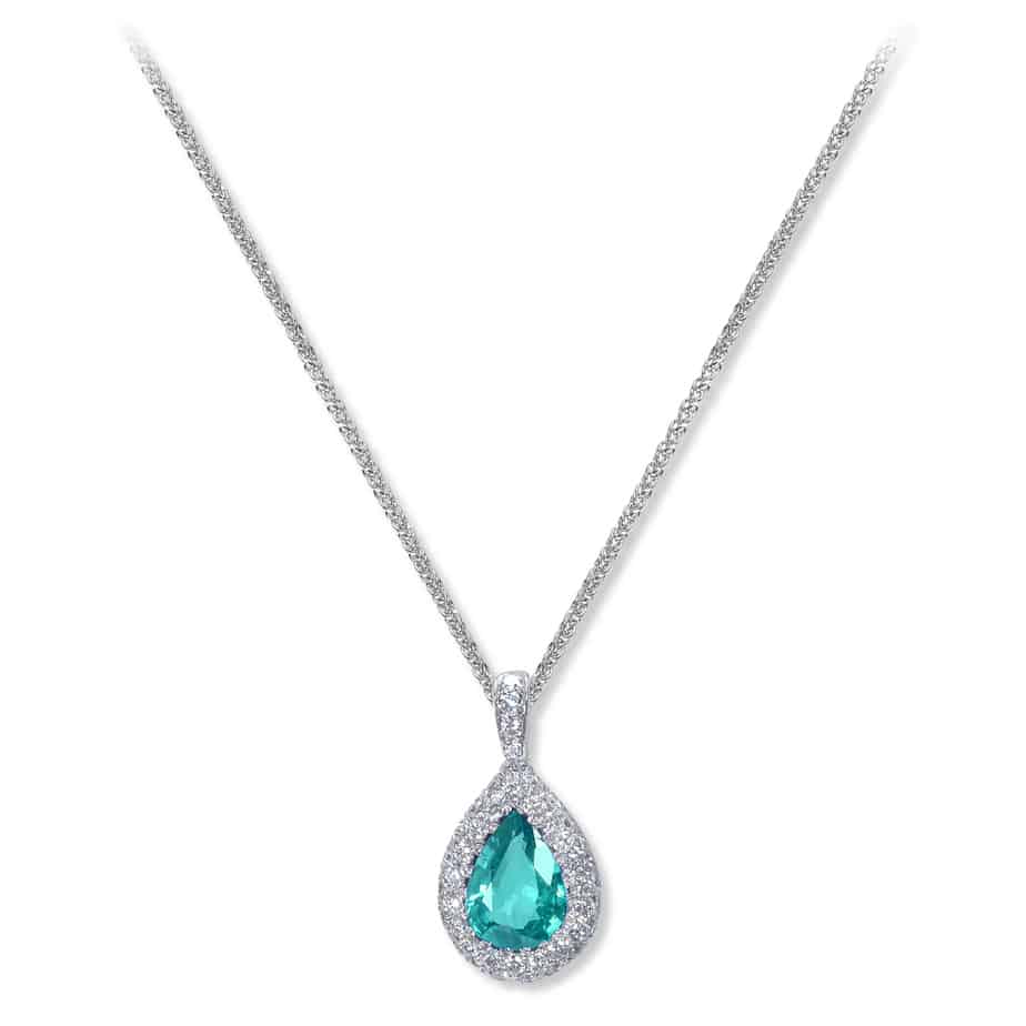 Pear shape paraiba tourmaline and pave diamond pendant