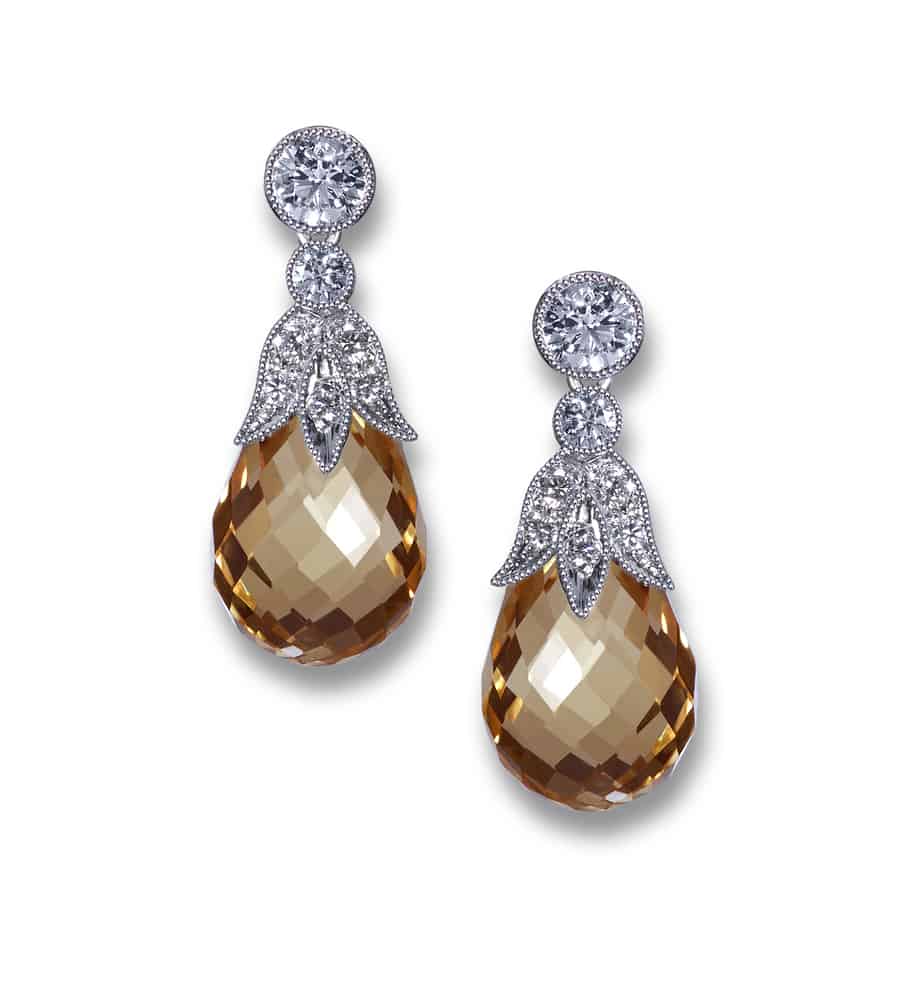 Citrine briolette and trefoil diamond earrings
