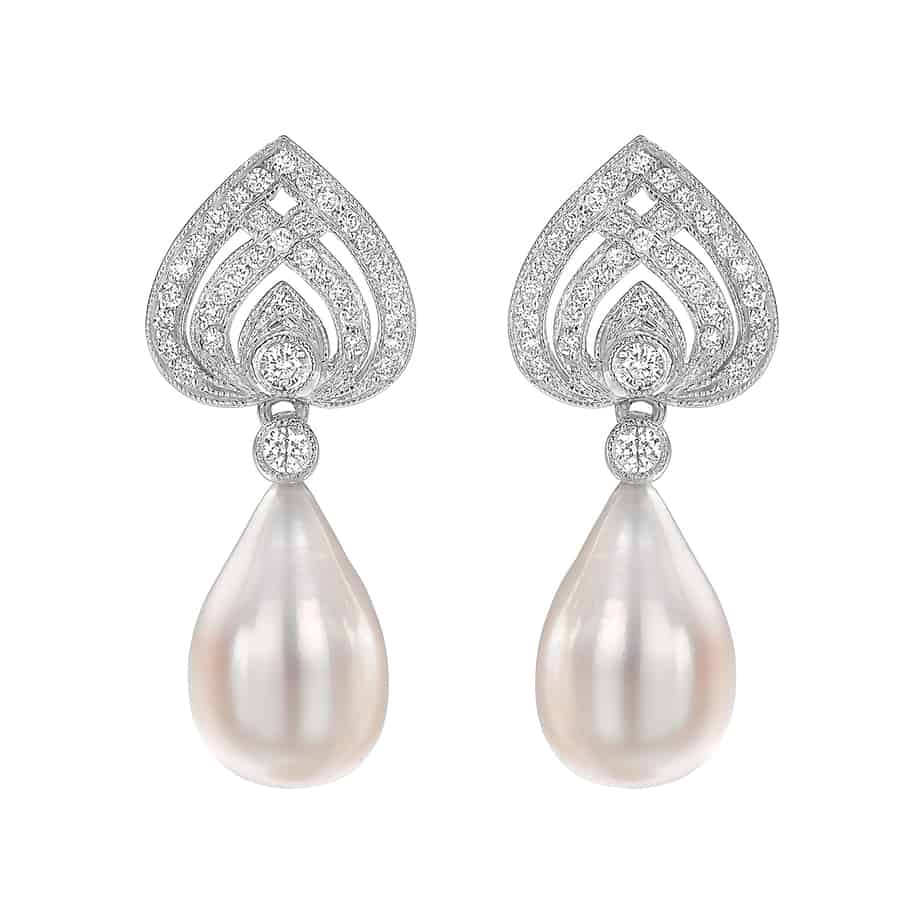 Heart Diamond & Pearl Drop Earrings