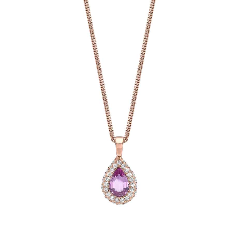 Drop shape Padparadshca sapphire and pave diamond pendant