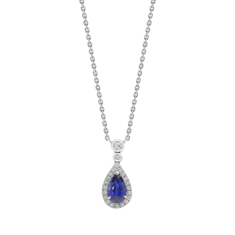 Pear shape sapphire and mircoset diamond pendant