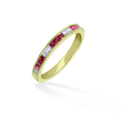 Princess cut ruby and diamond channel set half eternity ring