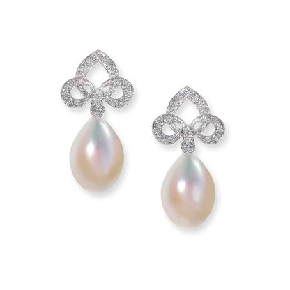 Bow top pearl and diamond drop earrings