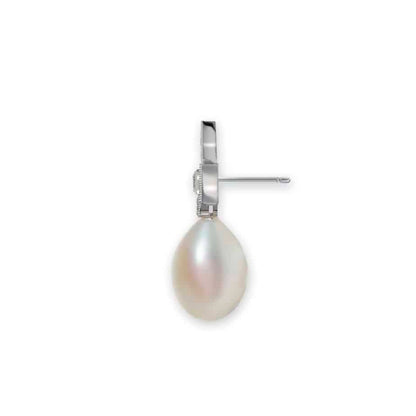Bow top pearl and diamond drop earrings