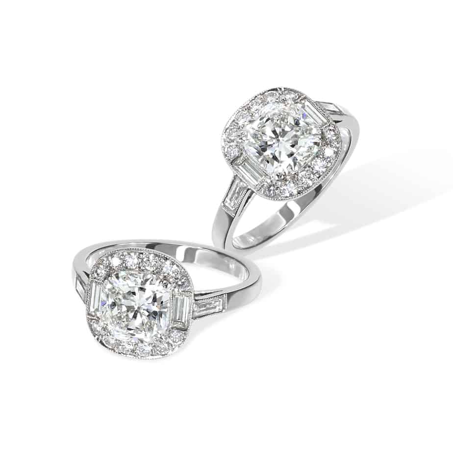 Cushion cut, baguette and round diamond cluster ring