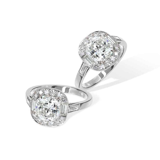 Cushion cut, baguette and round diamond cluster ring