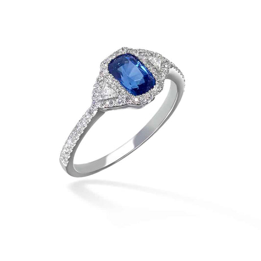 Cushion sapphire and trillion diamond cluster ring