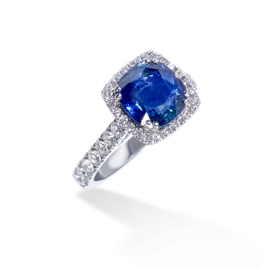 Cushion cut sapphire and microset diamond cluster ring