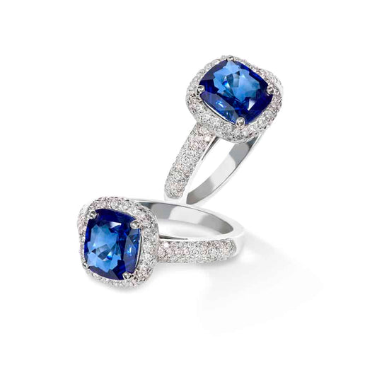 Cushion cut sapphire and pave diamond cluster ring