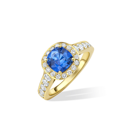 Cushion sapphire and diamond cluster ring