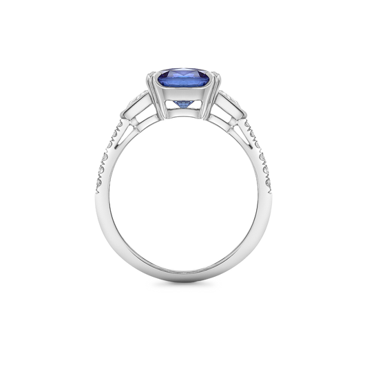 Cushion cut sapphire and trillion diamond ring