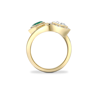 Emerald and diamond crossover ring