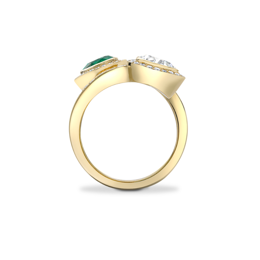 Emerald and diamond crossover ring