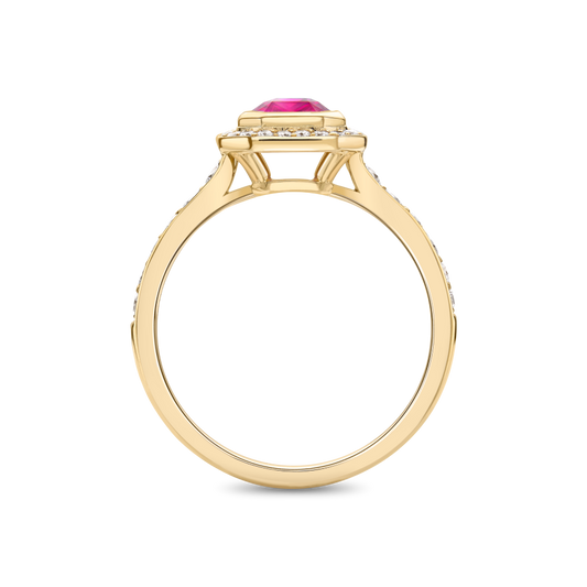 Radiant cut ruby and diamond cluster ring