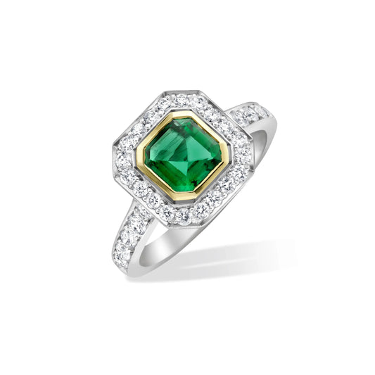 Octagon Emerald and Diamond Cluster Ring