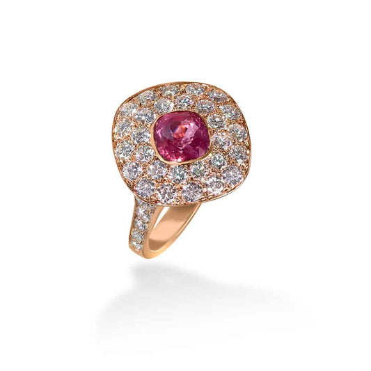 Cushion cut Padparadshca Sapphire and diamond bombe ring