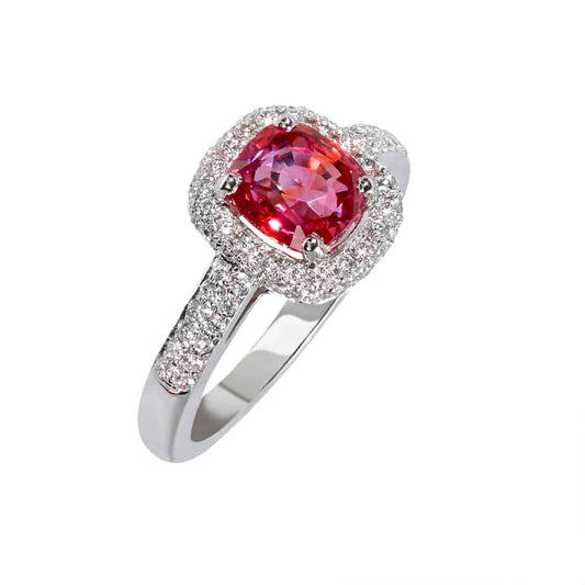 Padparadscha Sapphire and pave diamond cluster ring