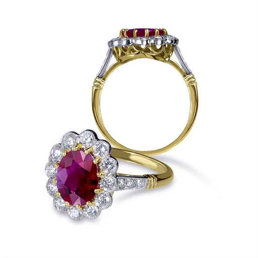 Oval ruby and diamond cluster ring