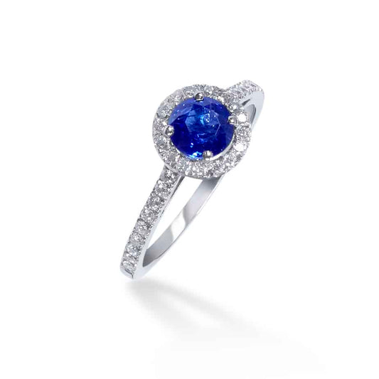 Round sapphire and diamond microset cluster ring