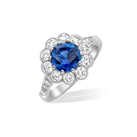 Round Sapphire Diamond and Cluster Ring