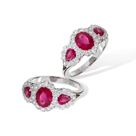 Ruby and diamond oval and drop triple cluster ring