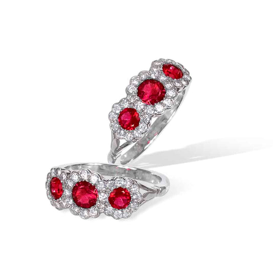 Ruby and diamond round triple cluster ring