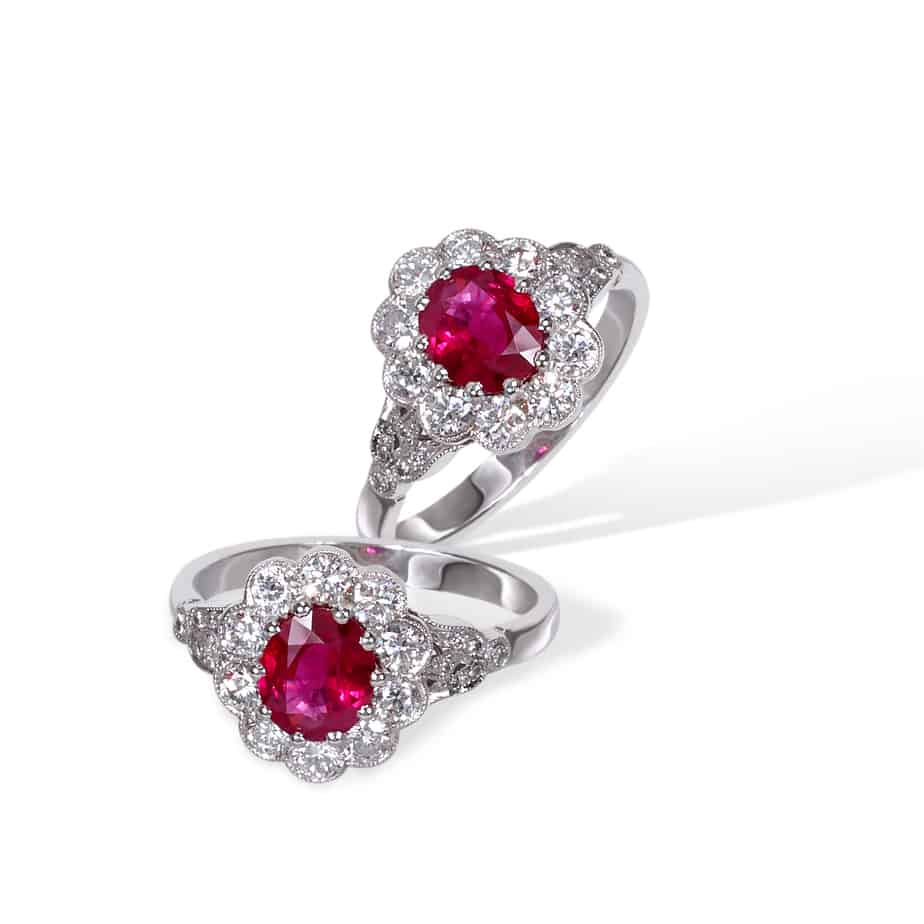 Oval ruby and diamond trefoil cluster ring
