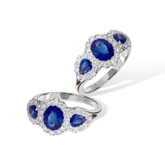 Sapphire and diamond oval and drop triple cluster ring