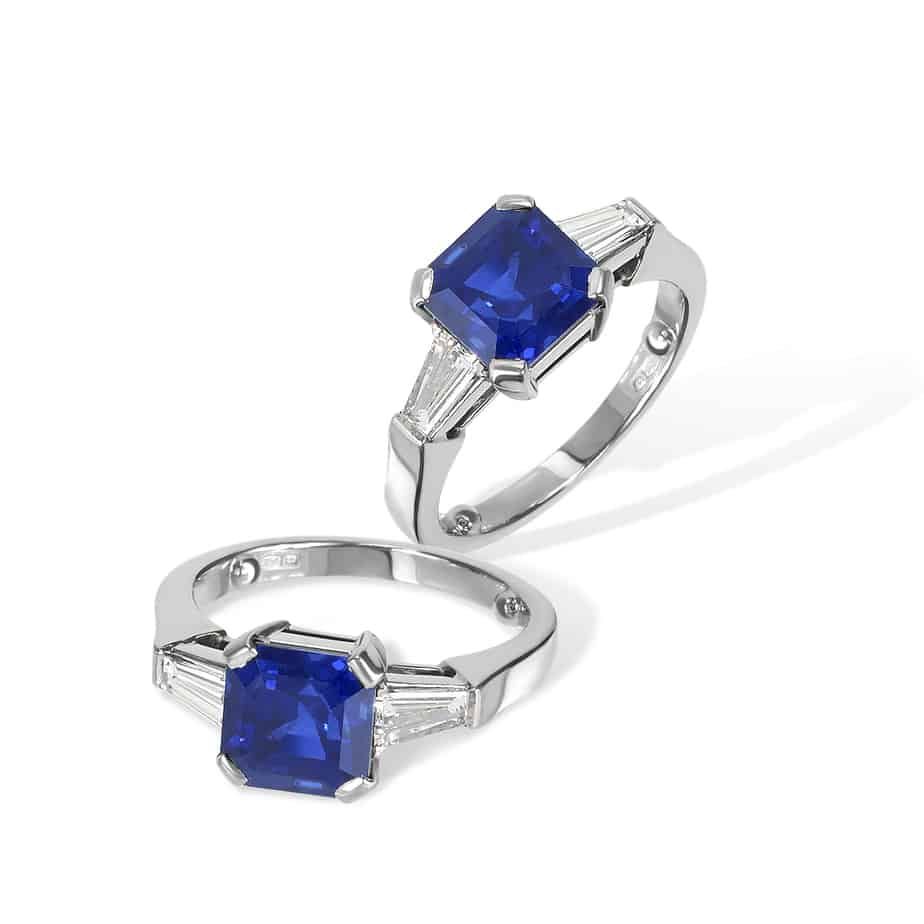 Octagon sapphire and tapered baguette diamond ring