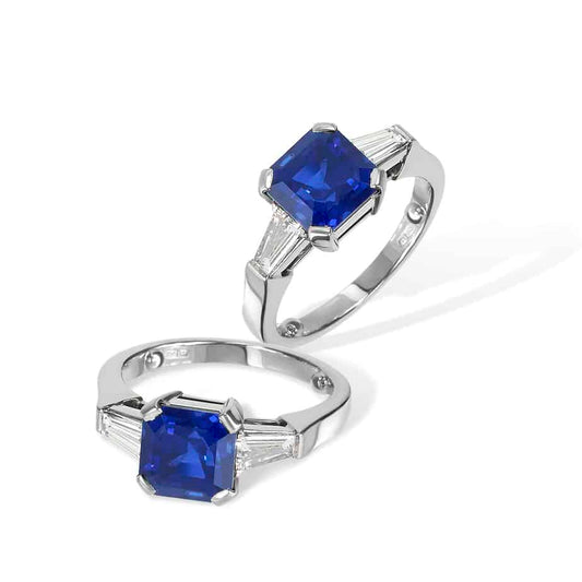 Octagon sapphire and tapered baguette diamond ring