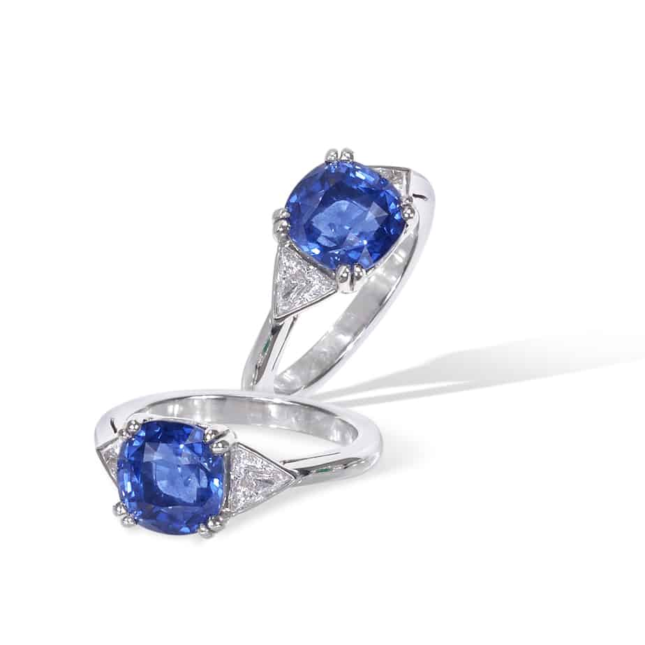 Small cushion sapphire and trillion diamond 3 stone ring