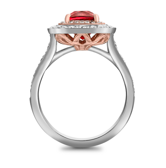 Cushion cut Spinel and diamond double halo in platinum and rose gold