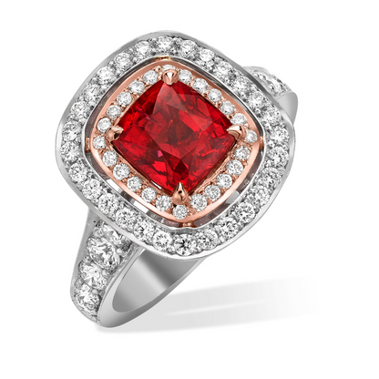 Cushion cut Spinel and diamond double halo in platinum and rose gold