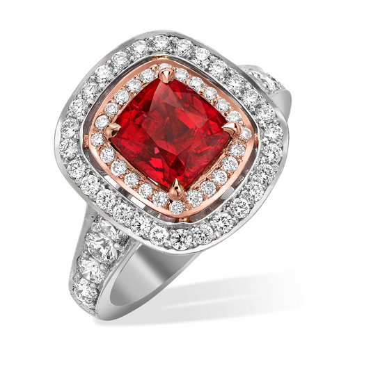 Cushion cut Spinel and diamond double halo in platinum and rose gold
