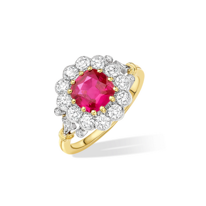 Cushion Ruby and diamond cluster ring