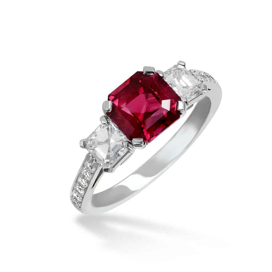 Octagon ruby and assher cut diamond ring