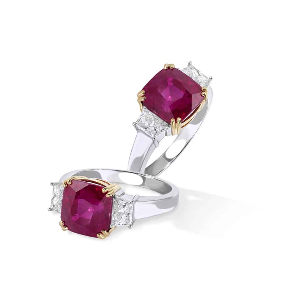 Cushion ruby & trapeze diamond 3 stone ring