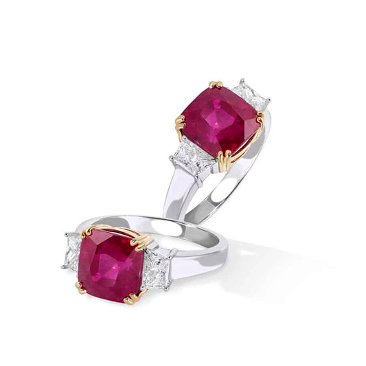 Cushion ruby & trapeze diamond 3 stone ring