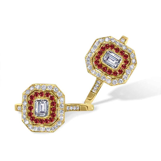Emerald cut diamond and ruby 2 row cluster ring