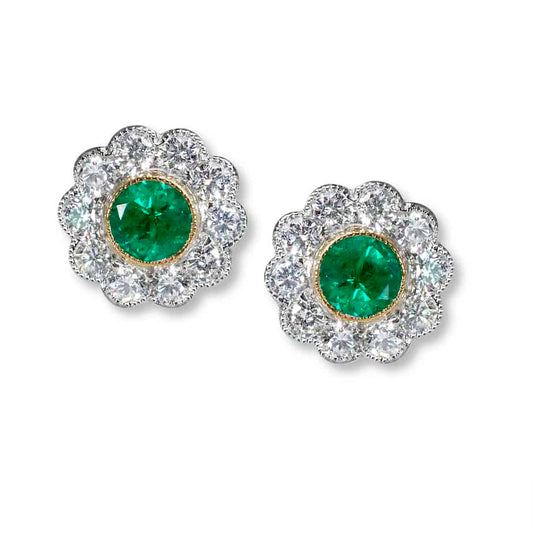 Emerald and diamond classic cluster earrings